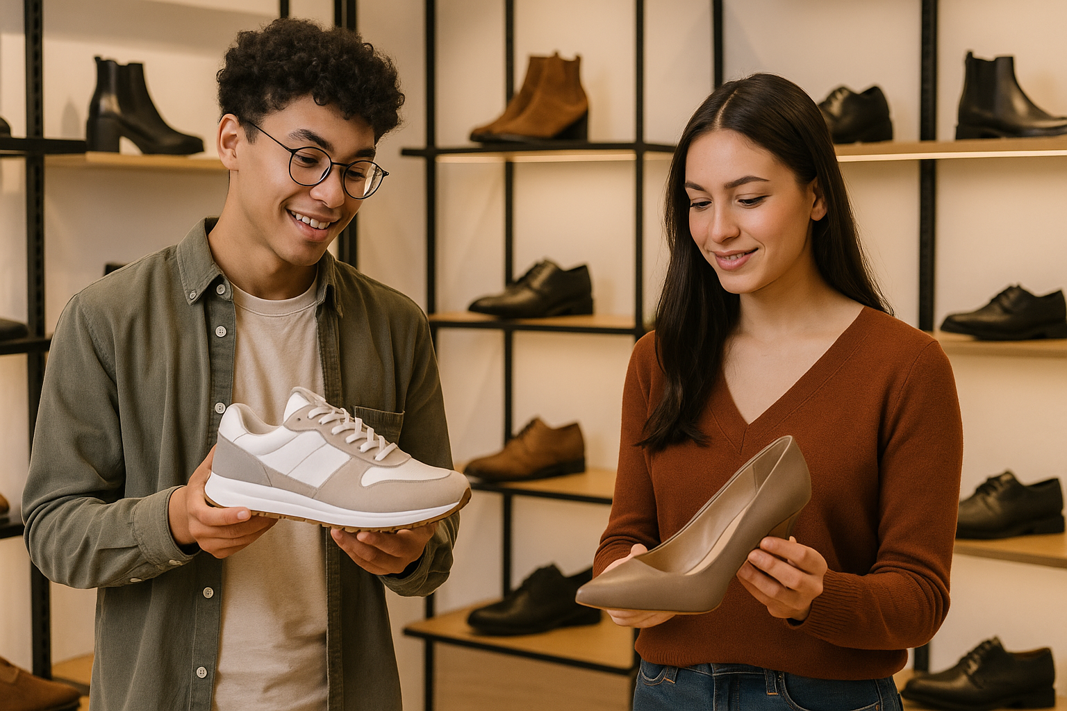 create a banner that 2 young man and women looking shoe on the shoe store